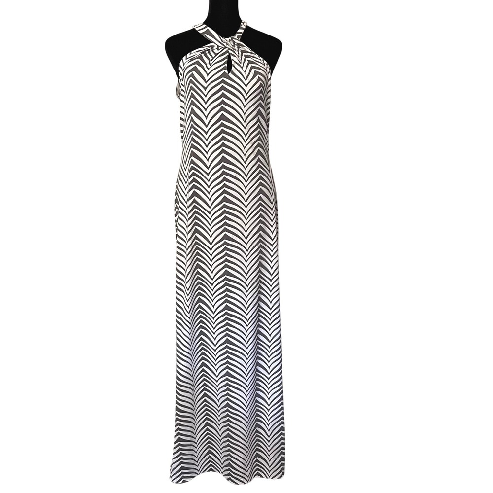 Ellie Kai Halter Maxi Dress Chevron Print Sleeveless White Gray Womens